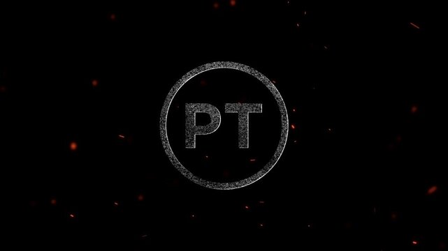 Glowing particle circular frame containing the letters PT with floating embers