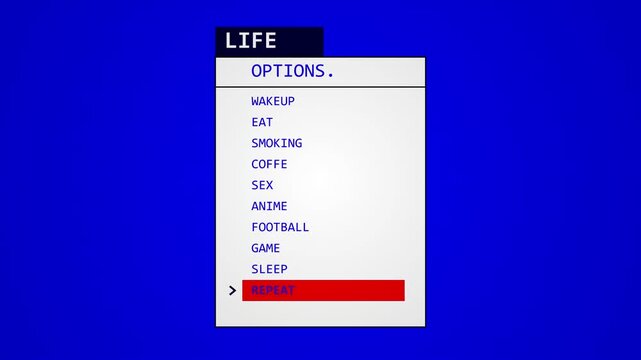 Retro Computer Life Options Menu with Repetitive Daily Routine Concept