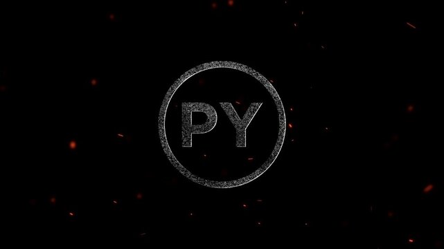 Glowing particle circular frame with letters PY inside a dark burning atmospheric background