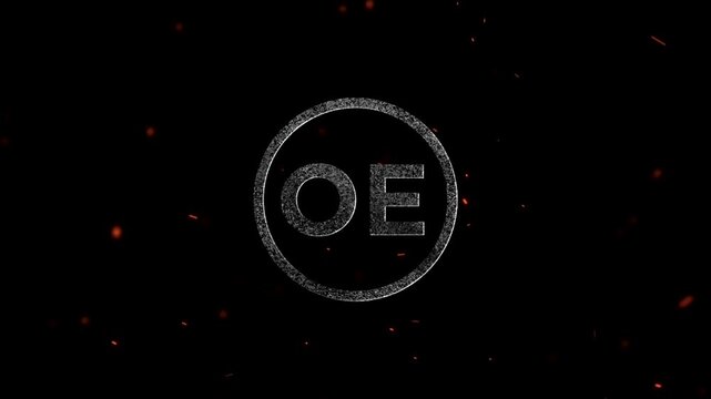 Glowing particle effect design featuring the letters OE enclosed in a circular frame with floating embers