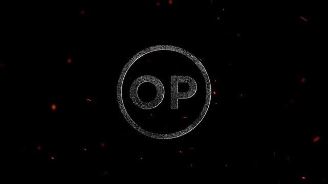 Glowing particle letter op inside a circular frame with floating embers