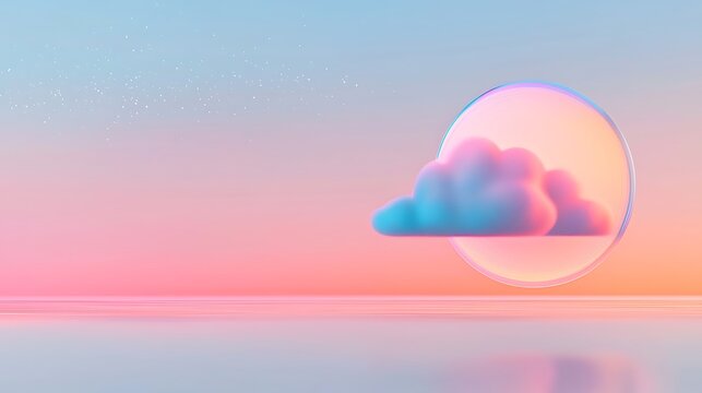 Pastel pink sunset with cloud inside translucent sphere, soft colors, calming