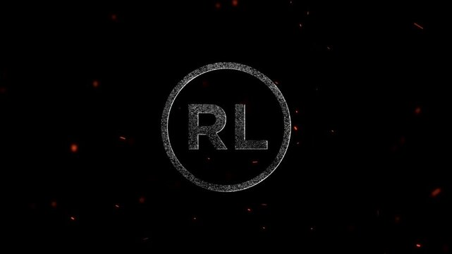 Glowing particle letter RL monogram inside a circular frame with floating embers