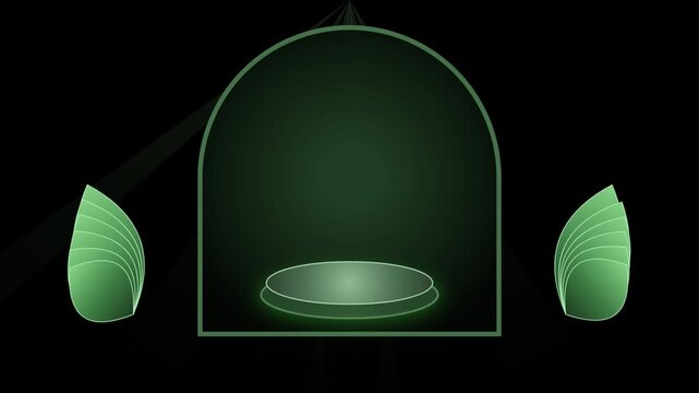 Glowing green podium stand with decorative leaf elements for product display