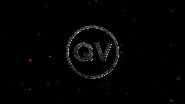 Glowing silver letters QV inside a circular frame with floating embers