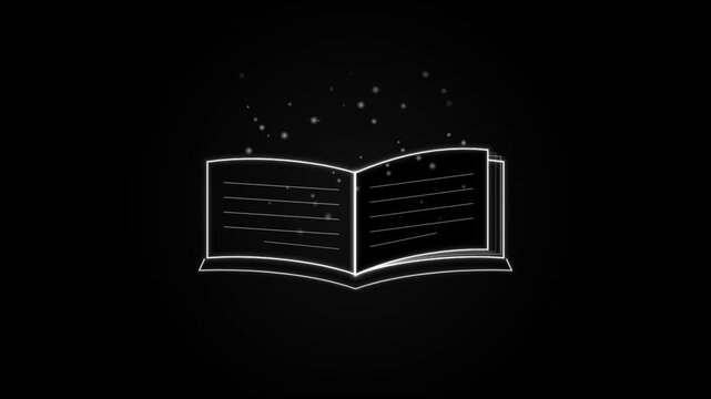 Magical open book with glowing particles on dark background, symbolizing knowledge, imagination, and learning concept