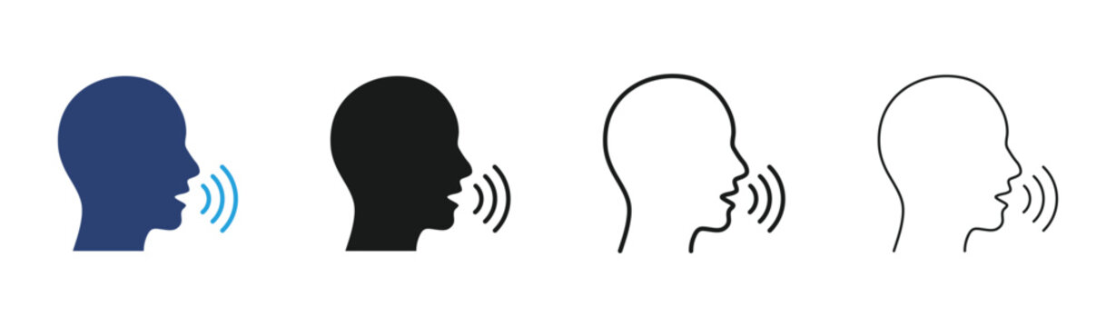 Set of speaking head icons, human profile silhouette with sound waves, communication and speech concept, vector illustration