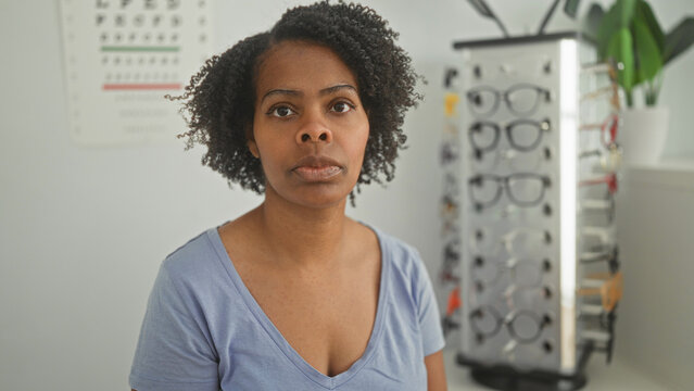 Young woman looking at camera with eyeglasses rack and eye chart in optometry clinic, slight head tilt and neutral expression; thoughtful concern.