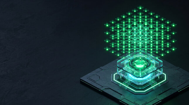 Isometric 3D render of glass central control module orchestrating a compact swarm of glowing emerald micro drones in geometric lattice formation on dark slate backdrop with copy space