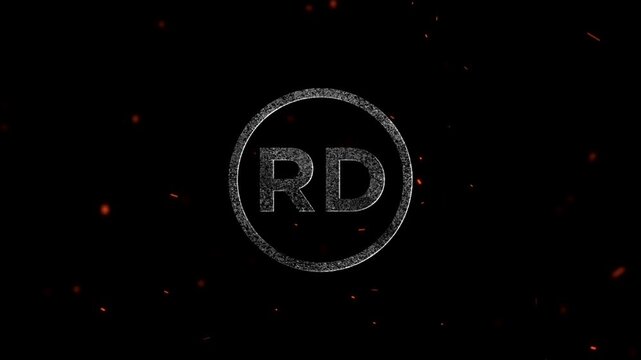 Letters RD inside a circle shape with a gritty textured grain effect and floating embers