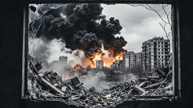 War-torn city viewed through a shattered window with massive smoke and fire explosions rising above destroyed urban architecture and ruins