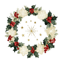 Obraz premium PNG Festive watercolor Christmas wreath with holly berries, stars, snowflakes