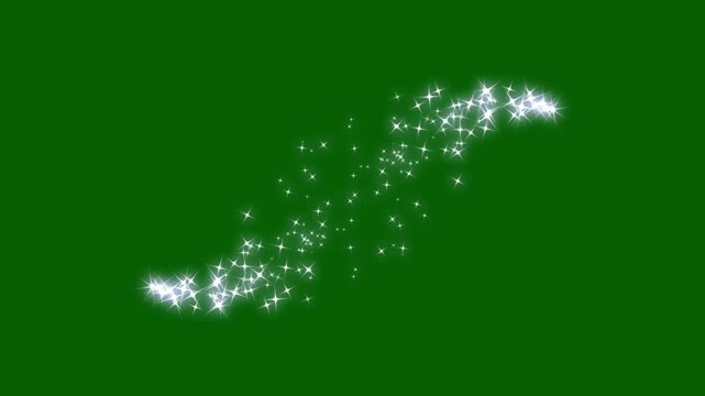 Magic sparkling white star trail motion overlay on green screen background. Shining glitter particles spiral twinkle light burst motion graphic effect visual, alpha channel fantasy glowing ring loop.