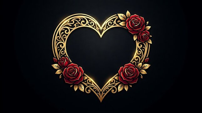 Ornate golden heart frame with red roses.