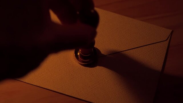 Hand Stamping Red Wax Seal on Envelope
