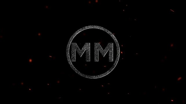 The letters MM inside a textured circular frame with floating embers