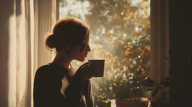 person drinking coffee by window, young woman looking out window