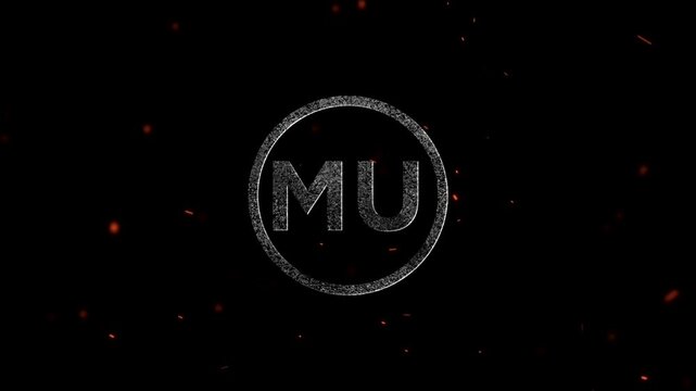 The letters mu inside a textured white circle with floating ember particles
