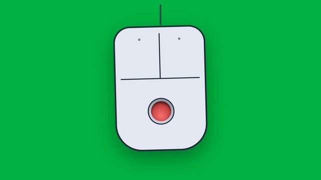 Generic white wired computer mouse with a red scroll wheel on a bright green screen background, top view concept