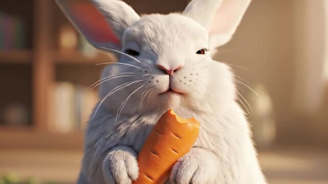Adorable white bunny eating a fresh orange carrot in warm sunlight close up 3D animation stock cute rabbit