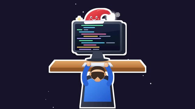 Festive Programmer in Virtual Reality Headset Coding on Computer Monitor with Santa Hat, Holiday Tech Illustration