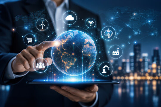 Business executive using tablet projecting connected globe with IoT icons and AI network overlay representing enterprise digital transformation strategy and global connectivity