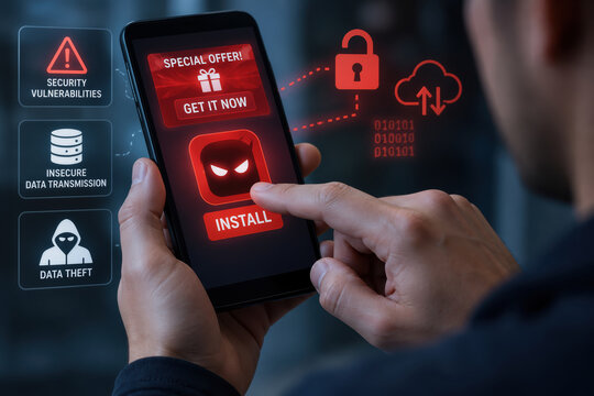 Smartphone user tapping malicious app install prompt with red scam popup highlighting security vulnerability and insecure data transmission risk for mobile privacy protection awareness
