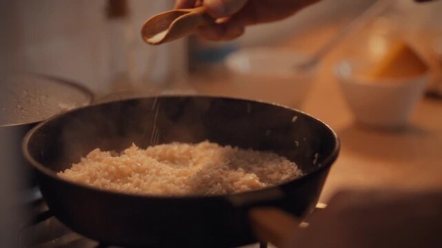 In a kitchen skillet, a cook sprinkles salt into rice simmering in a frying pan, seasoning the grains as part of the dinner prep, highlighting the simple yet essential step in home cooking