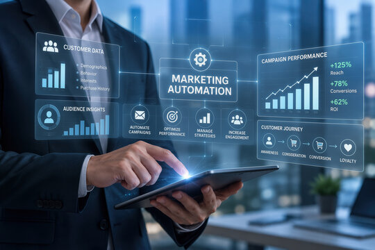 Businessman using tablet with marketing automation dashboard overlay showing campaign analytics customer data audience insights and performance metrics for digital advertising