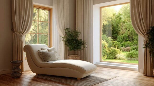 Elegant relaxation room at home with a comfortable cream chaise lounge beside a large window overlooking a peaceful garden, soft linen curtains, warm