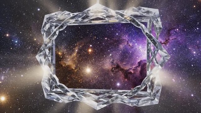 Shimmering crystal frame spinning against a celestial nebula background with glowing lens flares