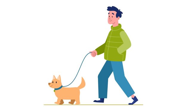Happy young man walking a small dog on a leash. Pet owner exercising his puppy in a flat vector illustration style.