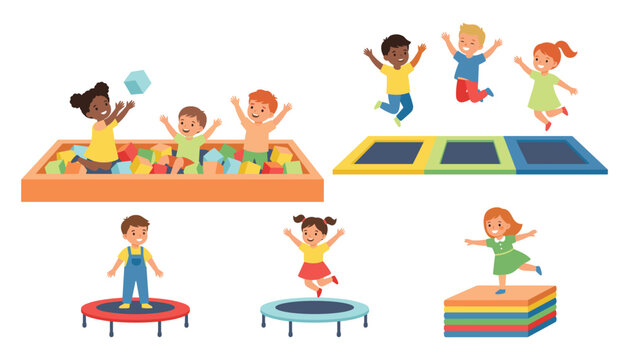 Happy children playing at indoor playground flat vector character set. Diverse kids jumping on trampoline, playing in soft cube ball pit and balancing on mats.