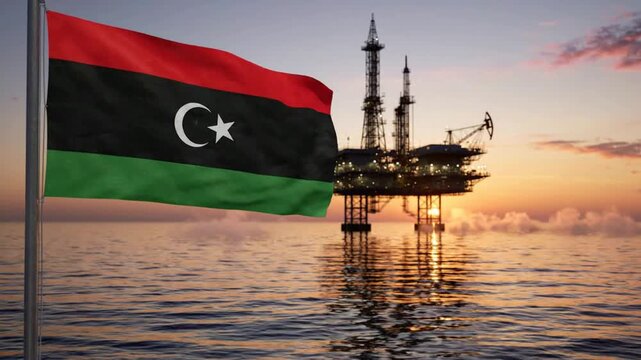 National Flag of Libya Waving with Offshore Oil Platform in the Ocean at Sunset. AI Generated.