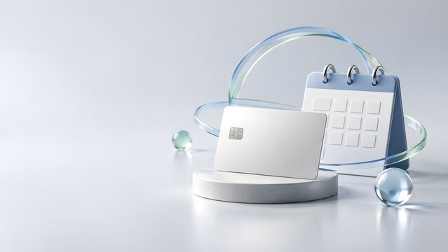 3D render of a white credit card standing near a calendar