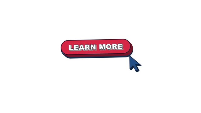 Learn More button click retro 3d animation on white background loop