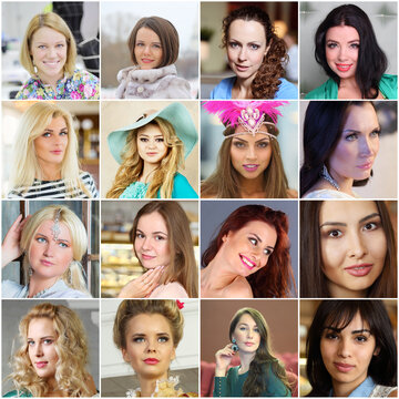 Collage with beautiful female faces - from blonde to brunette (16 models) - Collection of diverse women faces in various styles and expressions
