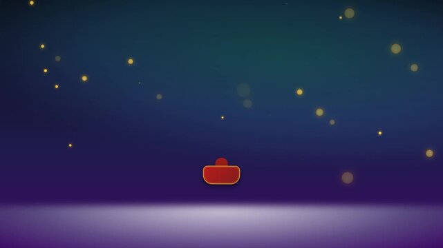 Abstract night scene with a minimalist glowing red lantern floating on a reflective purple surface under a magical sky of golden bokeh lights