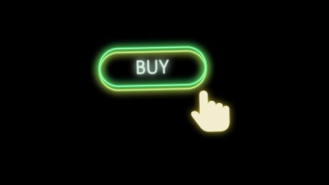 Buy button click neon animation on black background horizontal loop