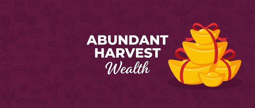 Chinese gold ingot sycee banner with abundant harvest text and red ribbons on dark purple background for lunar new year celebration, wealth, prosperity, fortune, and financial growth template