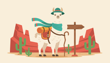 Obraz premium White llama wearing a green explorer hat and turquoise scarf carries a backpack and walking stick through a desert landscape.