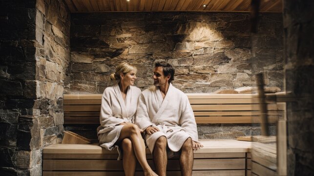 sophisticated couple in their 40s relaxing together after a sauna session in a private home wellness space, neutral linen robes, modern wood sauna