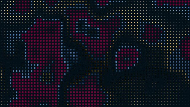 Vibrant abstract dot pattern dynamically whirling, swirling on a black background, modern data and technological background animation