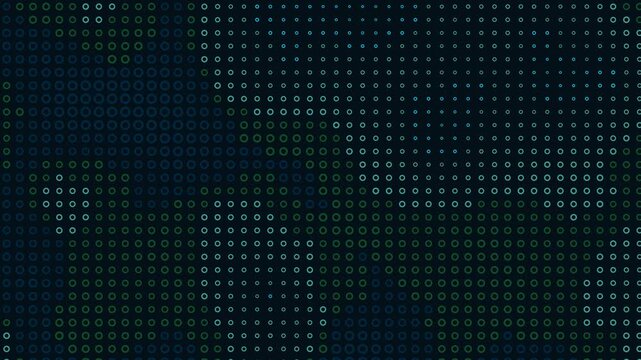 abstract background of dynamic grid of blue and green halftone dots, modern digital aesthetic with swirling morphing patterns