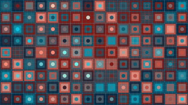 vibrant abstract pattern of colorful geometric halftone grid of squares and circles subtly shifts and animates, creating a retro-modern digital background mosaic