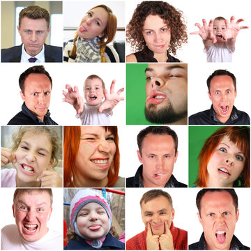 Collage with happy grimacing children, men and women (11 models) - Twelve expressive faces show varied emotions. Each face captures a unique reaction. Expressions range from surprise to anger