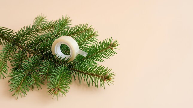 モミの枝に置いた透明テープと余白