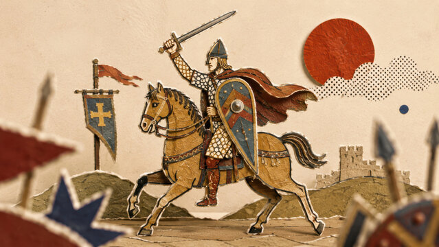 Norman knight charging with a raised sword and kite shield, castle and cross banner behind, paper craft scene. Battle of Hastings and conquest history