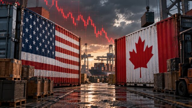 United States and Canada Trade Conflict with Shipping Containers, Falling Market Chart and Cargo Port