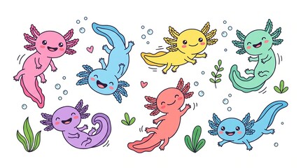 Obraz premium Cute cartoon axolotl swimming poses collection pastel aquatic amphibian set